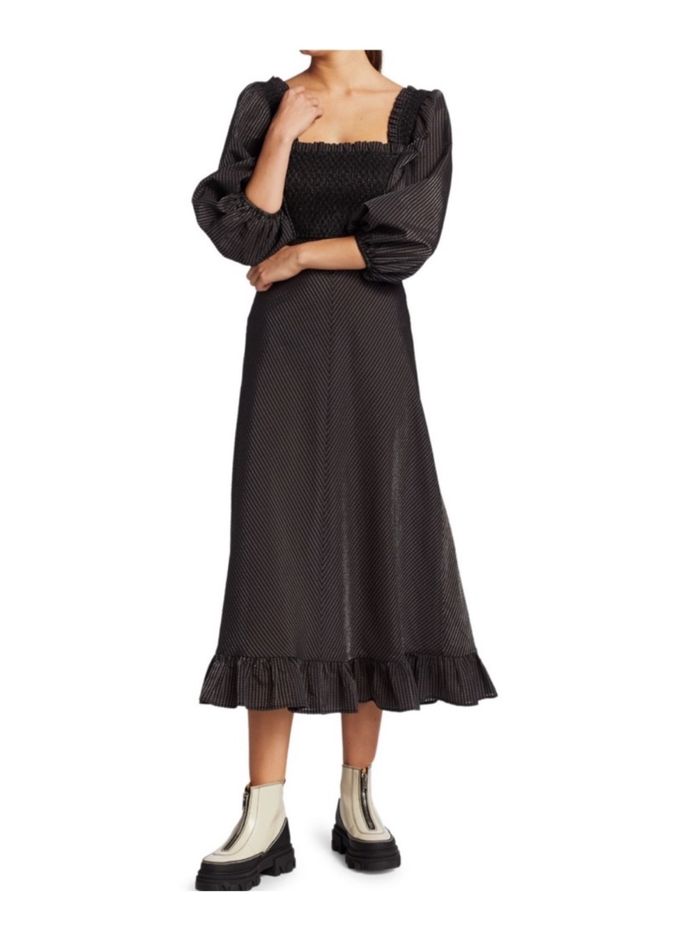 Ganni Shirred Gingham Seersucker Midi Dress In Black - Sz 40/M